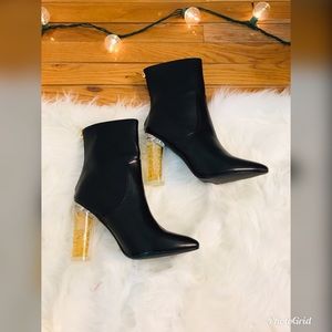 New Faux Leather Black Boots w/ Glitter Gold Heel